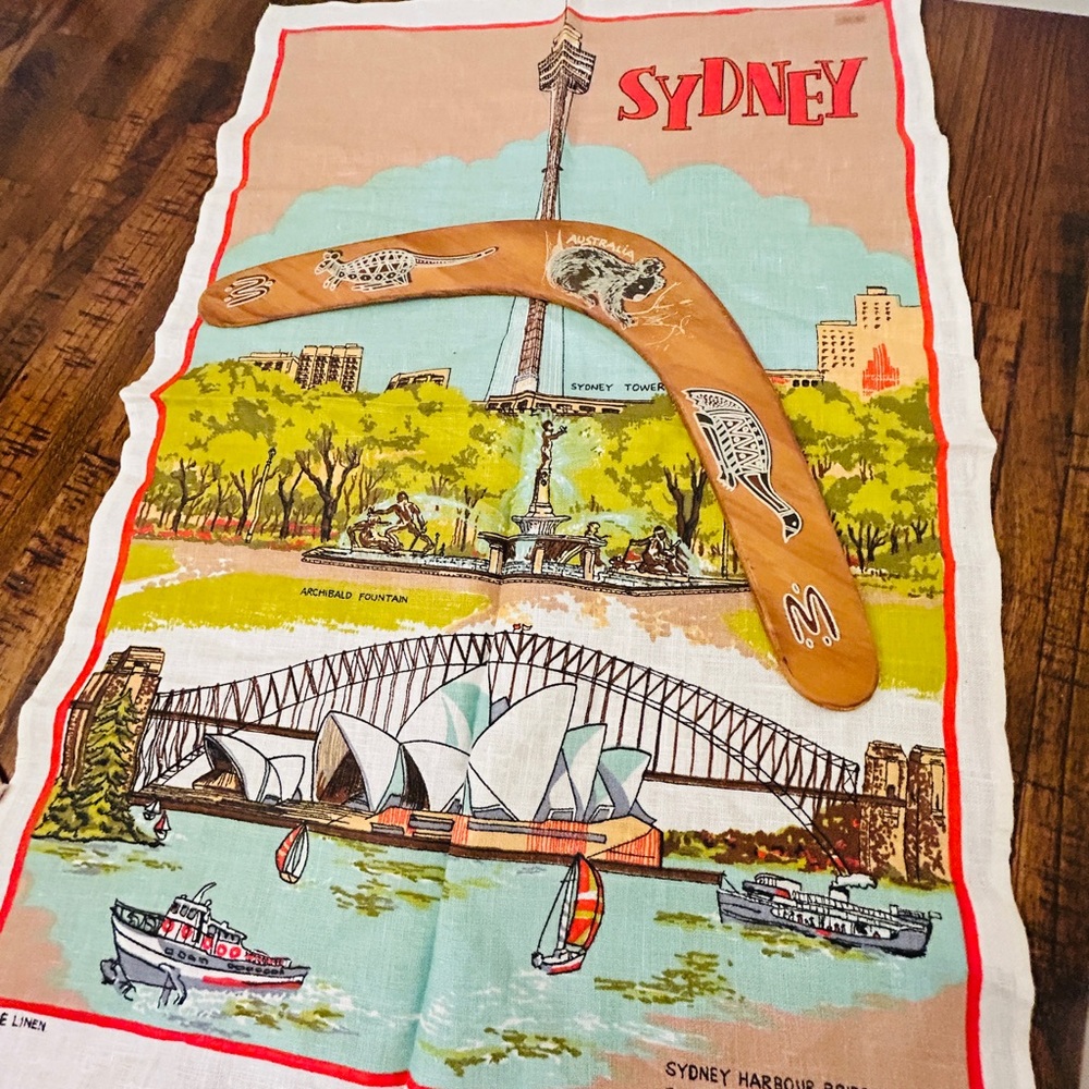 Vintage Sydney LinenTea Towel with Wooden Boomerang